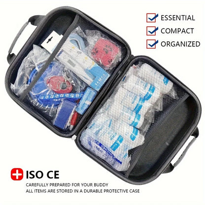 Compact protective case with transparent compartments containing medical supplies, labeled as essential, compact, and organized.